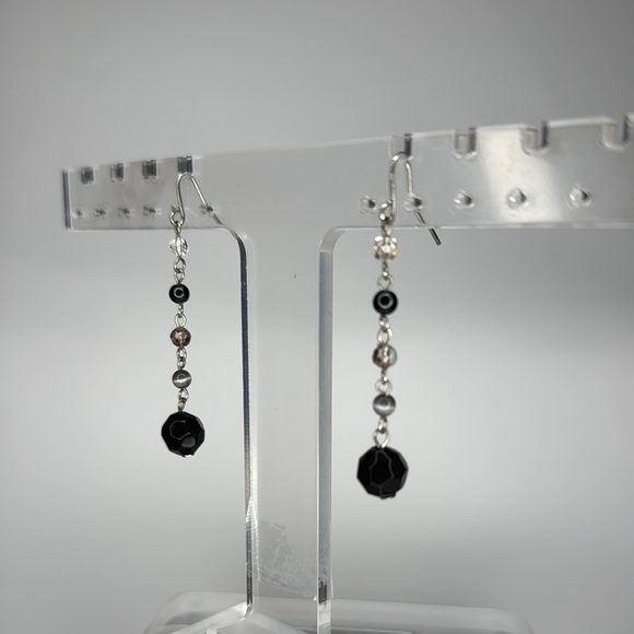 Black and Silver Linear Drop Earrings with Beads - Picture 2 of 4